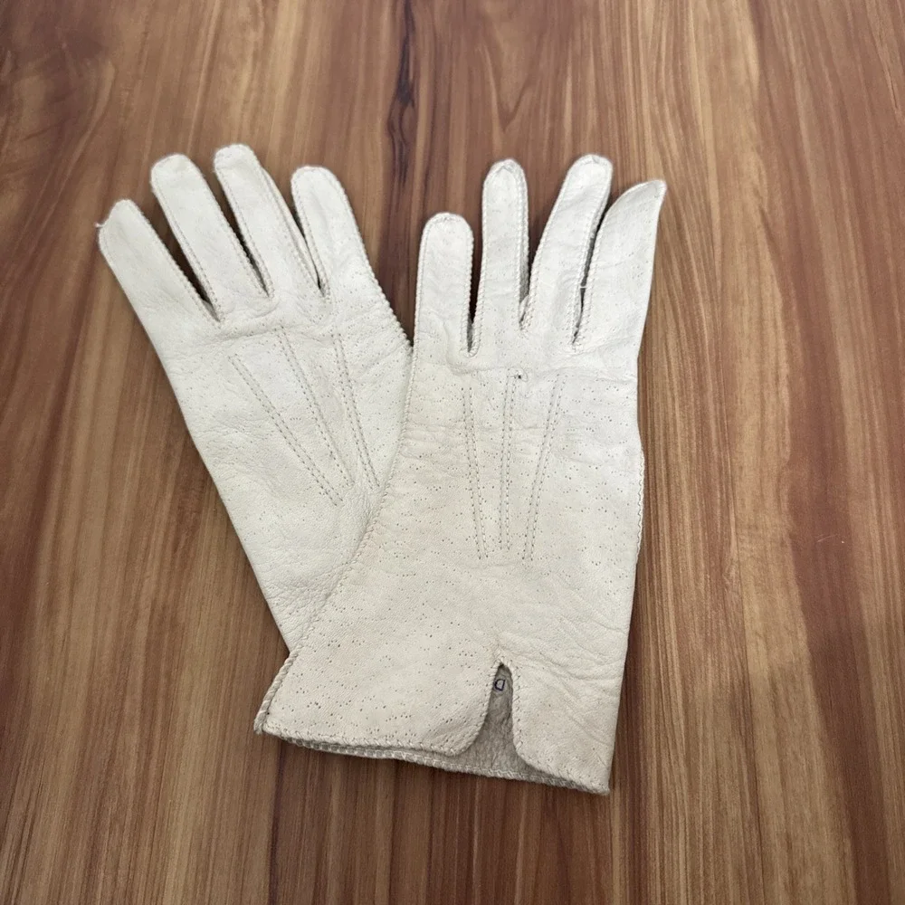 VTG Deerskin Soft Leather Gloves Winter White Cream Sz 7 Washable Top Stitching